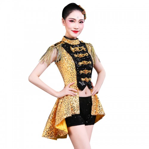 Red gold sequined jazz dance costumes for women girls tuxedo coats magician performance drum clothes  gogo dancers dovetail tops nightclub stage dance outfits
